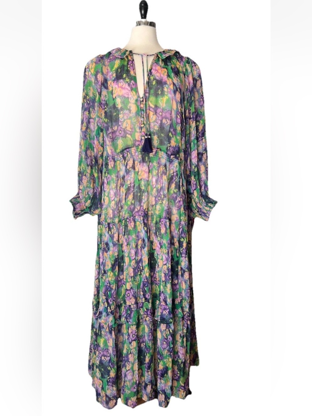 Anthropologie Marais Green and Purple Floral Tiered Maxi Dress size XL - Picture 2 of 15